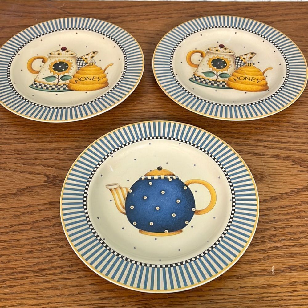 3 Sakura Salad/Bread Plates Teapots Pattern 8” Debbie Mumm 1998